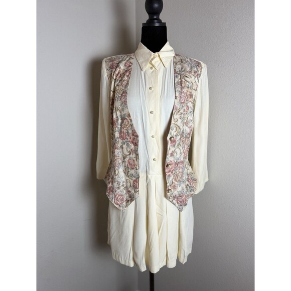 Vintage 90s AOLIB Floral Tapestry Vest Romper Cottagecore Prairie Cream Size3 - Picture 7 of 10